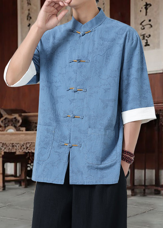 Loose Black Stand Collar Chinese Button Cotton Shirt Men Half Sleeve