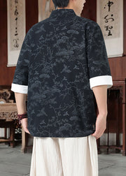 Loose Black Stand Collar Chinese Button Cotton Shirt Men Half Sleeve