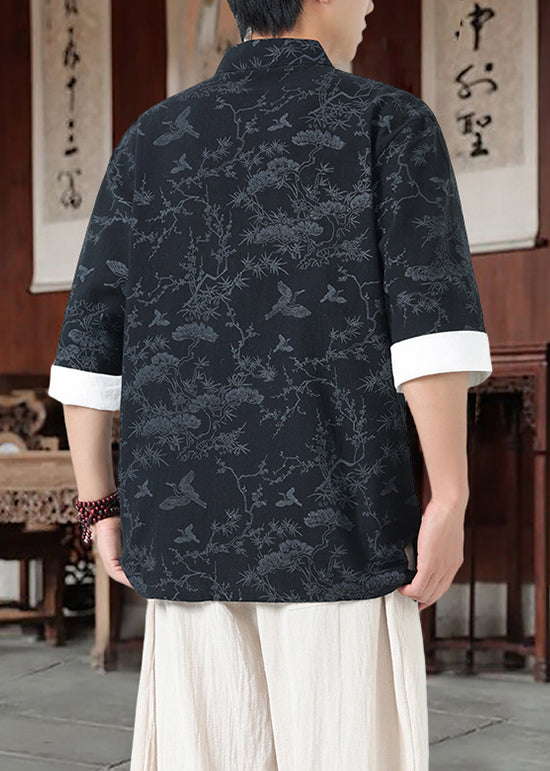 Loose Black Stand Collar Chinese Button Cotton Shirt Men Half Sleeve