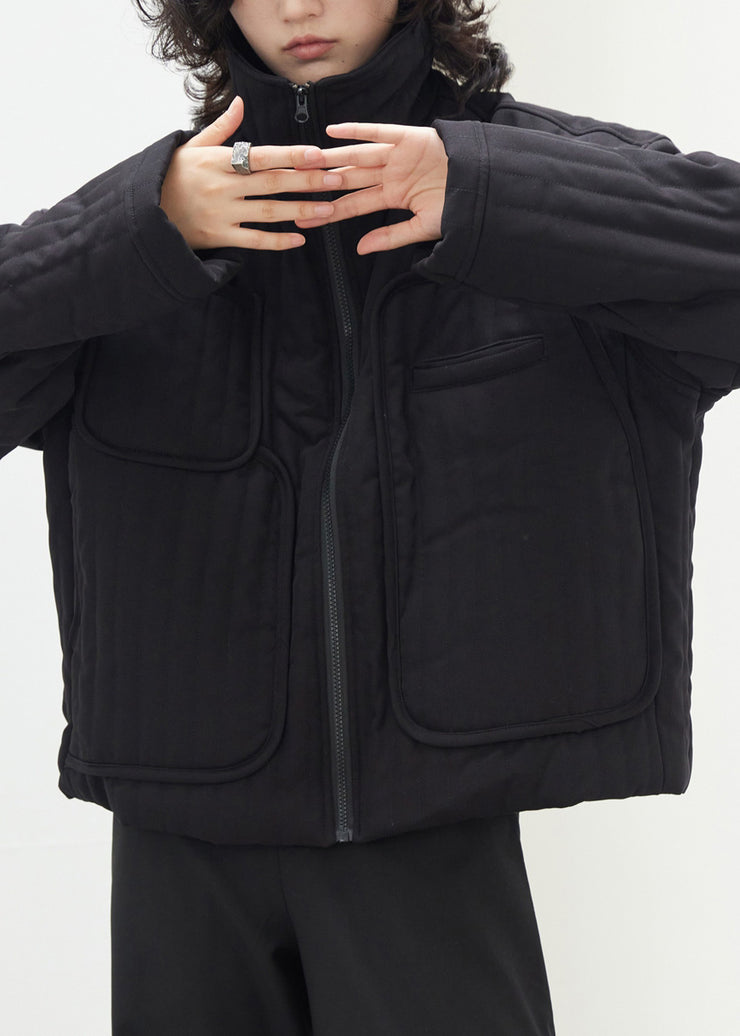Loose Black Stand Collar Zippered Pockets Parka Fall