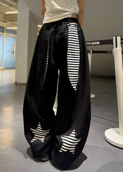 Loose Black Striped Elastic Waist Patchwork Cotton Wide Leg Pants Summer