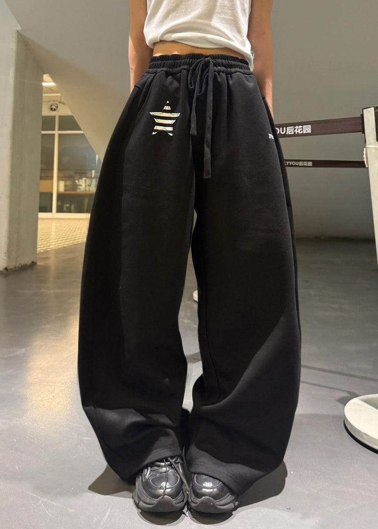 Loose Black Striped Elastic Waist Patchwork Cotton Wide Leg Pants Summer