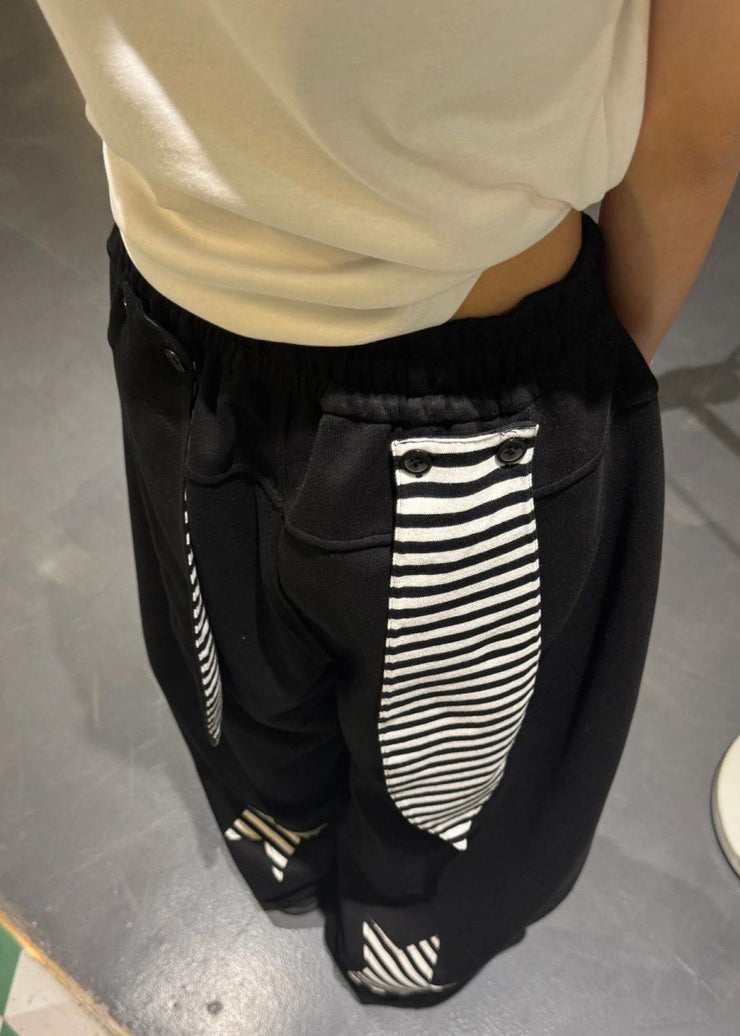 Loose Black Striped Elastic Waist Patchwork Cotton Wide Leg Pants Summer