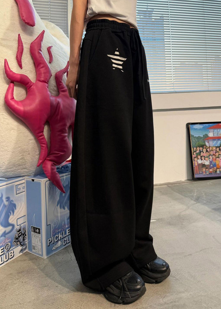 Loose Black Striped Elastic Waist Patchwork Cotton Wide Leg Pants Summer