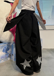 Loose Black Striped Elastic Waist Patchwork Cotton Wide Leg Pants Summer