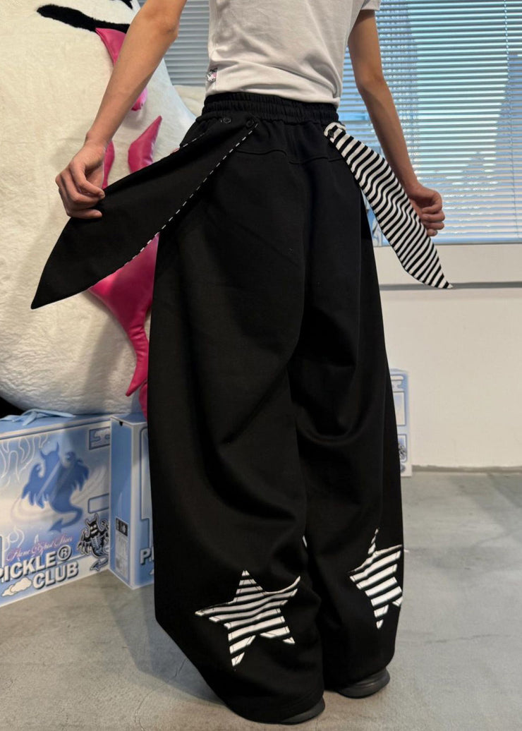 Loose Black Striped Elastic Waist Patchwork Cotton Wide Leg Pants Summer
