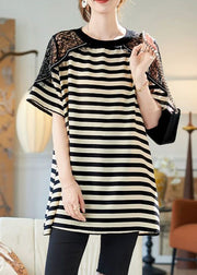 Loose Black Striped Lace Patchwork Cotton T Shirts Summer