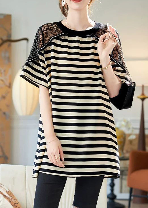 Loose Black Striped Lace Patchwork Cotton T Shirts Summer