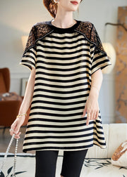 Loose Black Striped Lace Patchwork Cotton T Shirts Summer