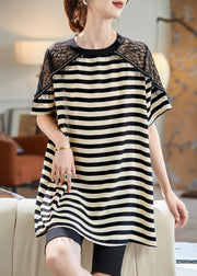 Loose Black Striped Lace Patchwork Cotton T Shirts Summer