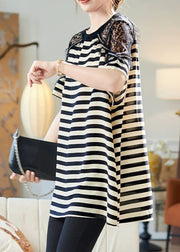 Loose Black Striped Lace Patchwork Cotton T Shirts Summer