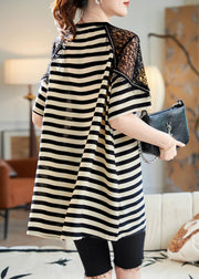 Loose Black Striped Lace Patchwork Cotton T Shirts Summer
