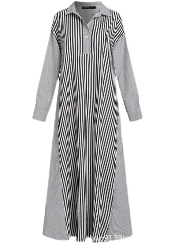 Loose Black Striped Peter Pan Collar Patchwork Cotton Dress Spring