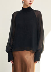 Loose Black Turtleneck Thin Solid Silk Shirt Fall