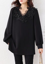 Loose Black V Neck Floral Nail Bead Cotton Sweatshirts Fall