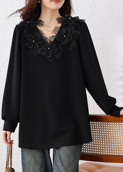 Loose Black V Neck Floral Nail Bead Cotton Sweatshirts Fall