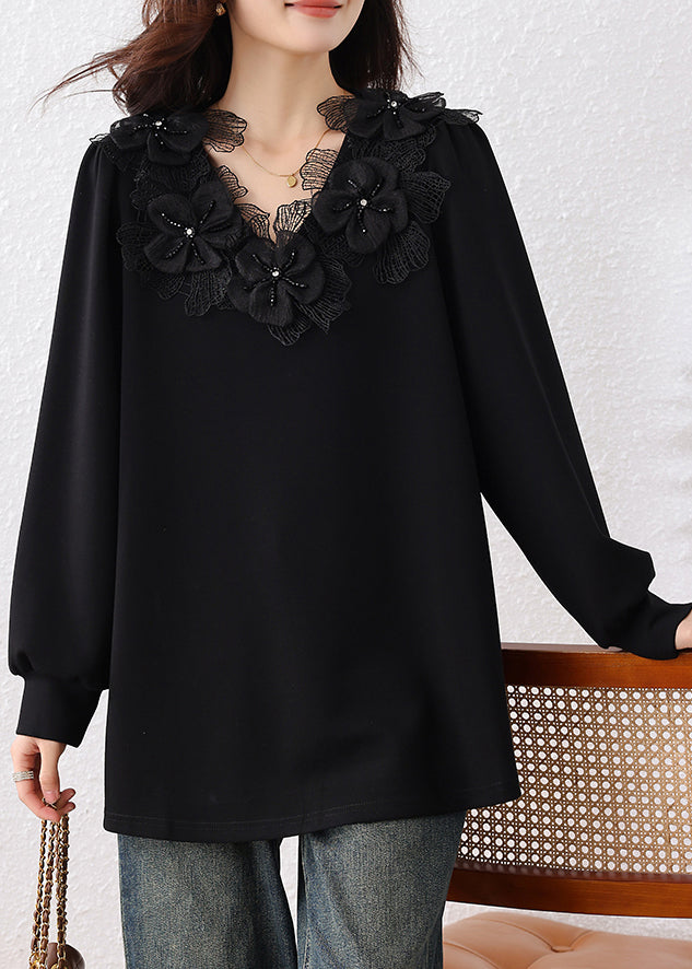 Loose Black V Neck Floral Nail Bead Cotton Sweatshirts Fall