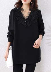 Loose Black V Neck Floral Nail Bead Cotton Sweatshirts Fall