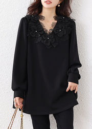Loose Black V Neck Floral Nail Bead Cotton Sweatshirts Fall