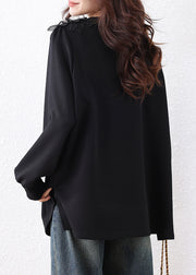 Loose Black V Neck Floral Nail Bead Cotton Sweatshirts Fall