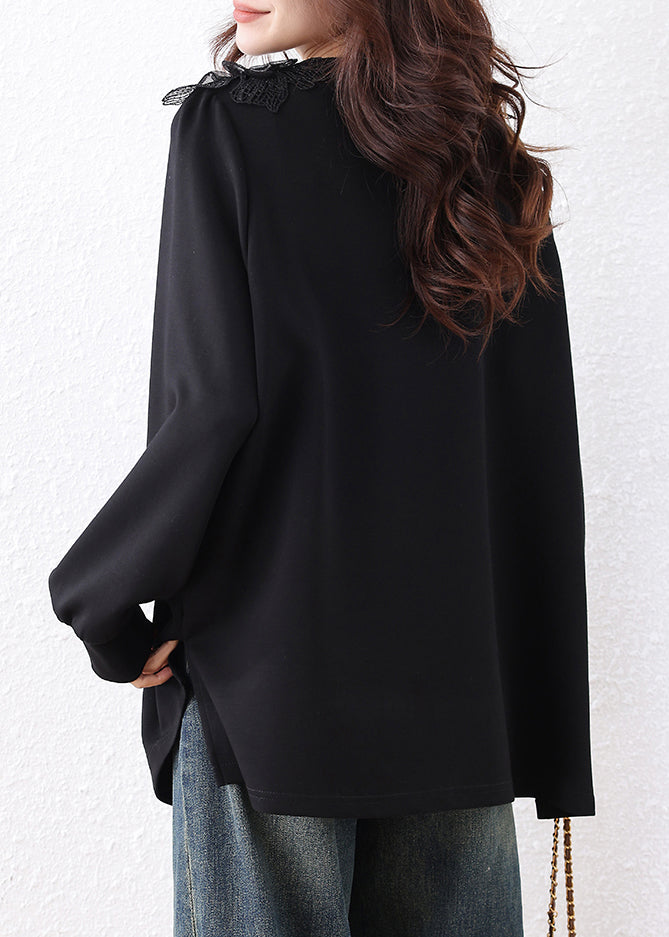 Loose Black V Neck Floral Nail Bead Cotton Sweatshirts Fall