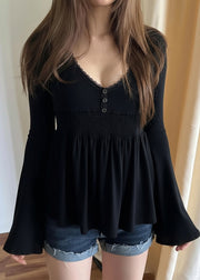 Loose Black V Neck Lace Solid Cotton T Shirts Flare Sleeve