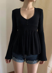 Loose Black V Neck Lace Solid Cotton T Shirts Flare Sleeve