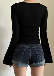 Loose Black V Neck Lace Solid Cotton T Shirts Flare Sleeve