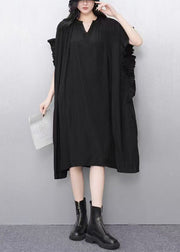 Loose Black V Neck Ruffled Cotton Dress Batwing Sleeve