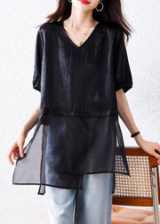 Loose Black V Neck Side Open Tulle Patchwork Blouses Summer