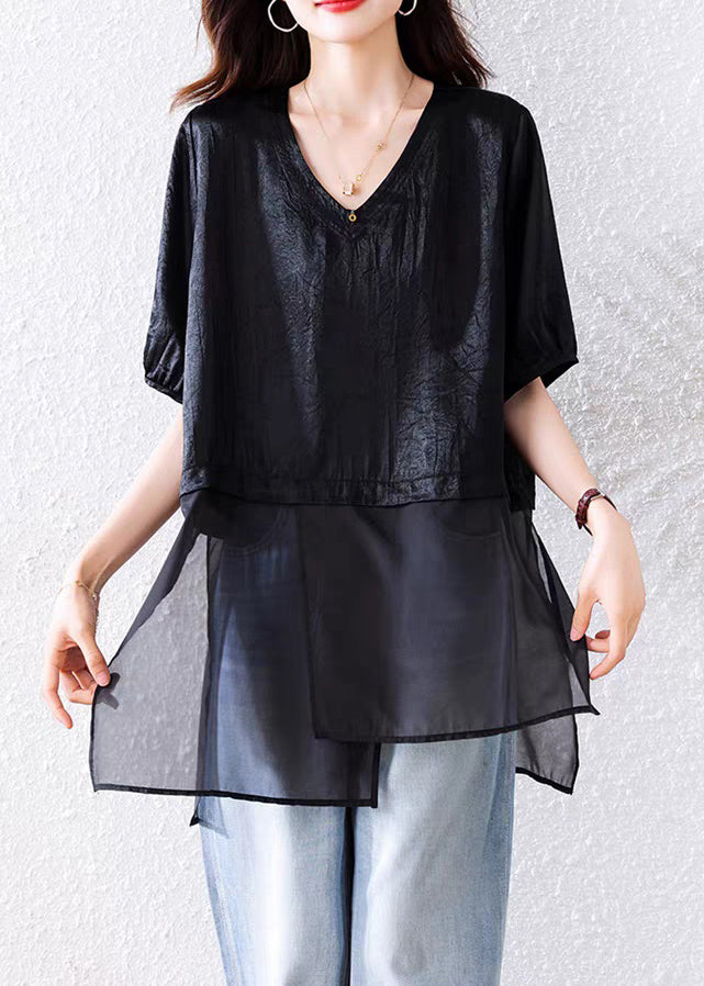 Loose Black V Neck Side Open Tulle Patchwork Blouses Summer