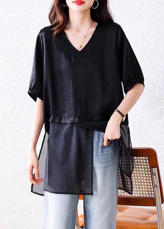 Loose Black V Neck Side Open Tulle Patchwork Blouses Summer