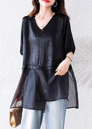 Loose Black V Neck Side Open Tulle Patchwork Blouses Summer
