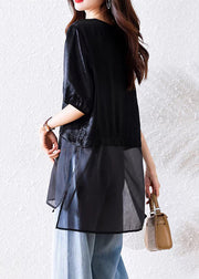 Loose Black V Neck Side Open Tulle Patchwork Blouses Summer