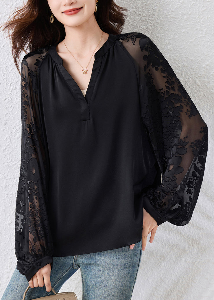 Loose Black V Neck Solid Chiffon Blouses Fall
