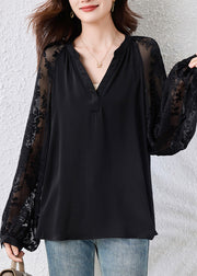 Loose Black V Neck Solid Chiffon Blouses Fall