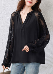 Loose Black V Neck Solid Chiffon Blouses Fall