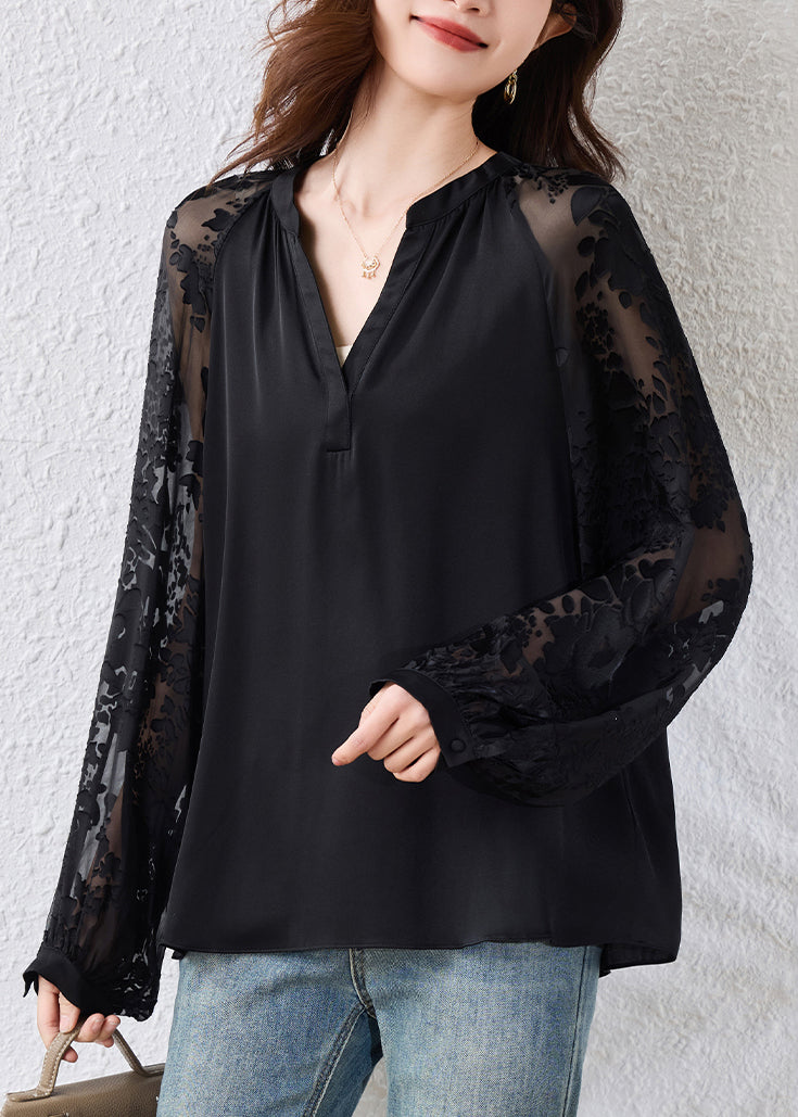 Loose Black V Neck Solid Chiffon Blouses Fall