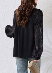 Loose Black V Neck Solid Chiffon Blouses Fall