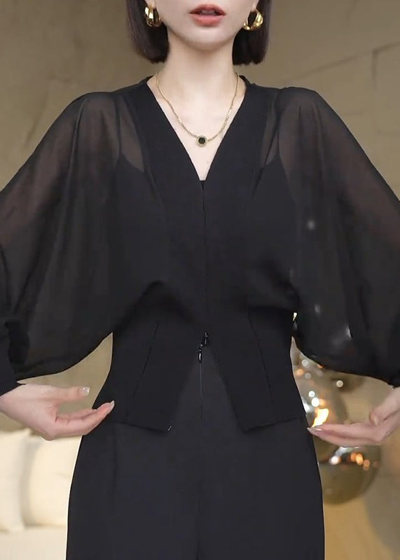 Loose Black V Neck Zippered Cotton Blouse Batwing Sleeve