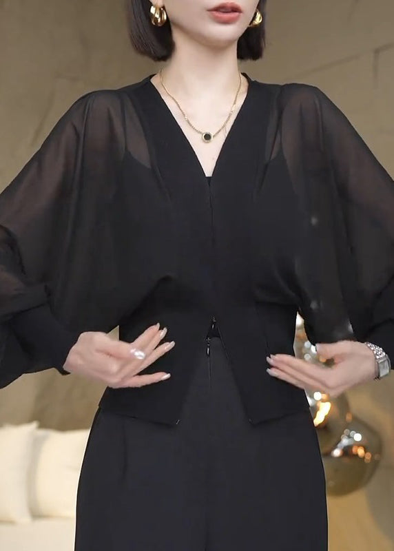 Loose Black V Neck Zippered Cotton Blouse Batwing Sleeve