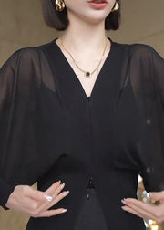 Loose Black V Neck Zippered Cotton Blouse Batwing Sleeve