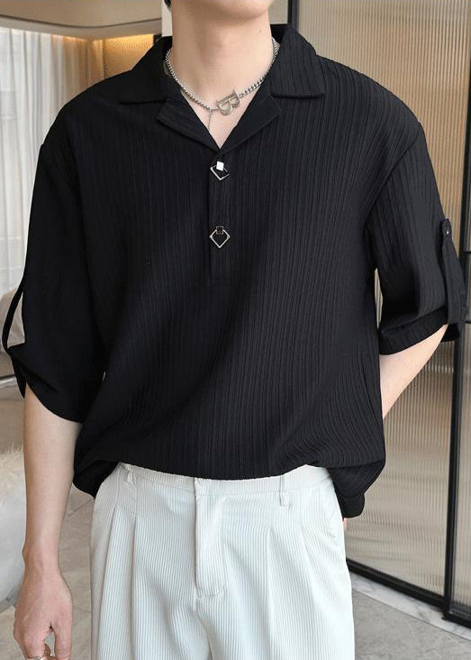 Loose Black Wrinkled Solid Cotton Polo Shirt Men Half Sleeve