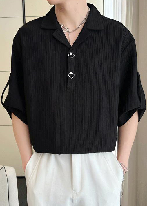 Loose Black Wrinkled Solid Cotton Polo Shirt Men Half Sleeve