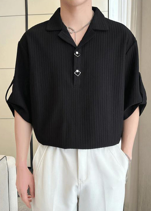 Loose Black Wrinkled Solid Cotton Polo Shirt Men Half Sleeve
