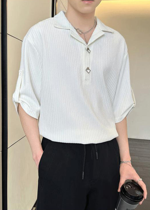 Loose Black Wrinkled Solid Cotton Polo Shirt Men Half Sleeve