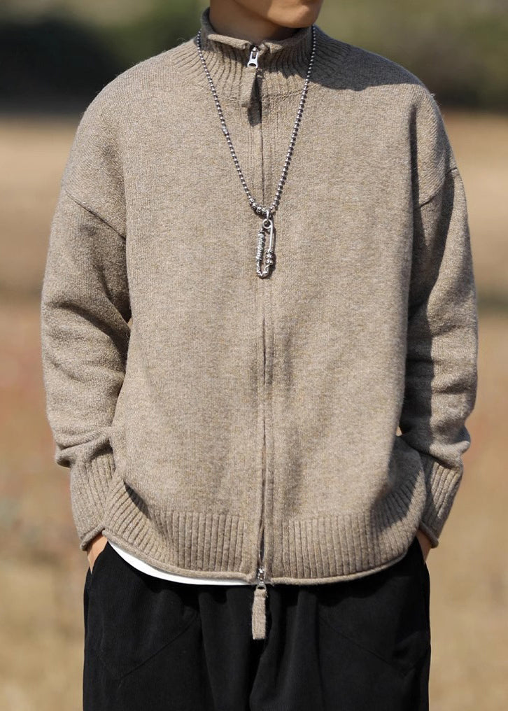 Loose Black Zip Up Solid Patchwork Knit Mens Coats Spring