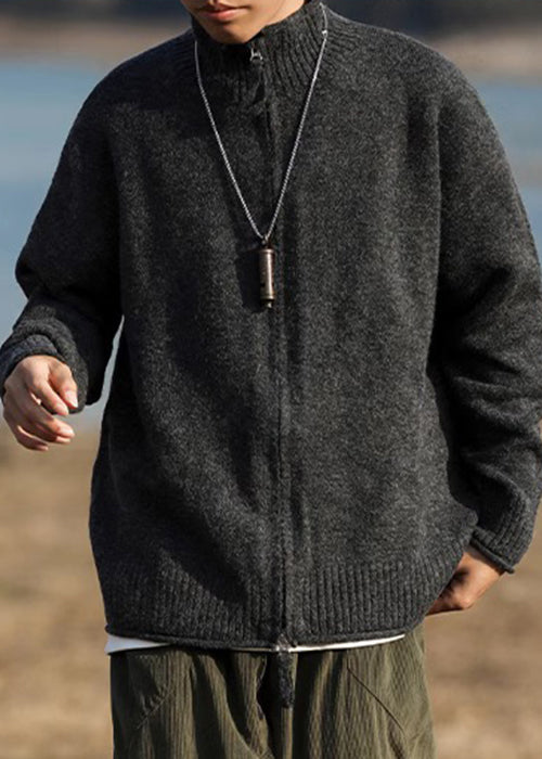 Loose Black Zip Up Solid Patchwork Knit Mens Coats Spring