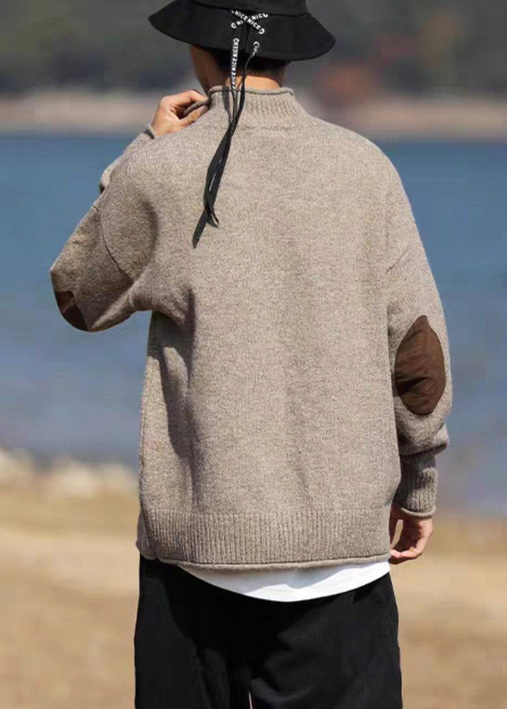 Loose Black Zip Up Solid Patchwork Knit Mens Coats Spring