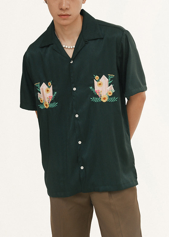 Loose Blackish Green Embroideried Button Cotton Mens Shirts Summer